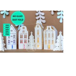 3d christmas houses and trees template svg, decoration lantern paper model, winter village cut file, new year, laser cut