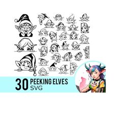 peeking elf svg clipart, christmas elves silhouette, holiday elfs face template, cut files, instant download, 30 svg bun