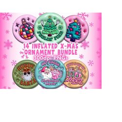 inflated christmas ornament png bundle , holiday round groovy puffy retro ornament sublimation design template png, x-ma