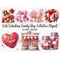 watercolor cute valentines candy shop clipart, 23 png valentines day clipart, valentines day bundle, valentines candy he