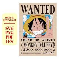 one piece wanted digital poster pdf | monkey d. luffy | svg file
