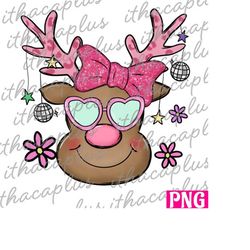 christmas png, pink reindeer rudolph png sublimation, leopard christmas deer clipart, digital, printable, xmas reindeer