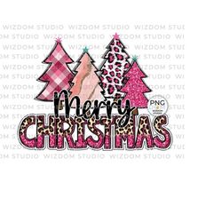 merry christmas png image, pink leopard buffalo plaid christmas trees design, sublimation designs download, png file