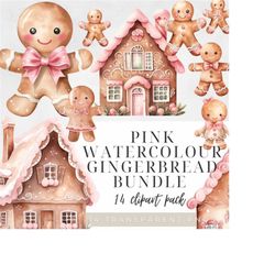 pink watercolor  christmas gingerbread house clipart,  watercolor gingerbread man clipart, gingerbread png, digital down
