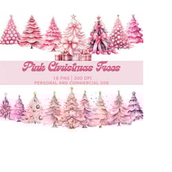 watercolor pink christmas tree clipart bundle, holiday design scrapbooking, instant download watercolor clipart, digital