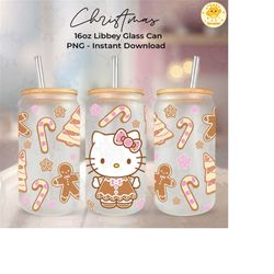 Pink Chrismas Gingerbread Cat 16oz Glass Can Wrap, Christmas Character Beer Can Glass Wrap, Christmas Cartoon UV DTF Cup