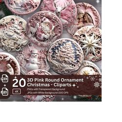 3D Pink Christmas Ornament 20 PNG Bundle Sublimation Design Festive Round Stickers Stylish 3D Effect Round Christmas Dec