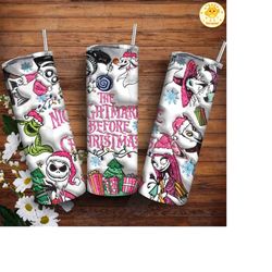 3d inflated pink christmas nightmare 20oz tumbler design png, trendy christmas movie 20oz straight tumbler wrap design,