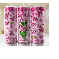 3d inflated christmas tumbler wrap, mean green guy christmas stanley skinny tumbler, pink xmas png, santa hat, pink merr