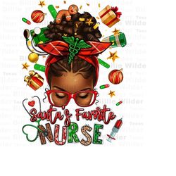santa&39s favorite nurse afro messy bun png, merry christmas png, happy new year png, christmas messy bun png, sublimate