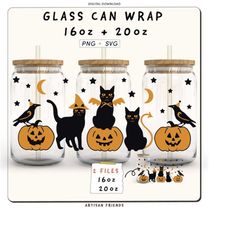 Halloween cat wrap svg for both 16oz and 20oz glass can, Libbey glass svg, Beer glass svg, black cat svg, witch cat, cat