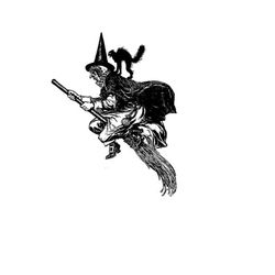 vintage edwardian witch vector clipart | scary witch flying on broom with black cat digital spooky halloween instant dow