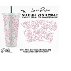 line drawing roses s bucks cold cup no hole svg png dxf no gap floral rose valentines day full wrap cutting file 24oz ve