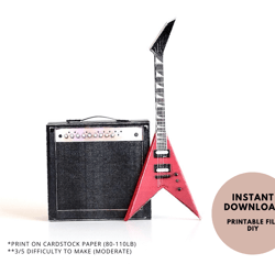 1:6 mini red electric guitar with amp, diy miniature music instrument printable template for dollhouse