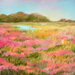 Original Oil Painting on canvas Pink Landscape 40x40cm Nature Painting 15'x16' Sky Painting Blooming meadow