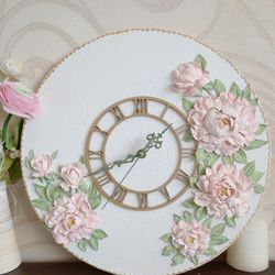 White wall clock with pink 3D peonies Nursery decor Shabby chic wall decor Silent wall clock with flowers for bedroom