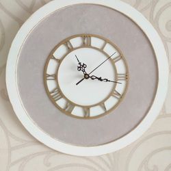 Wall clock White and gray round wall clock with gold dial Silent clock Home decor Large wall clock Wedding gift