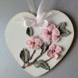 Hanging heart with pink sakura Mother's day gift Love decor Birthday gift Wedding floral decor Flower heart Love decor