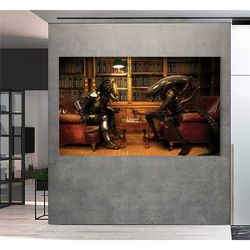 alien vs predator playing chess wall art, alien