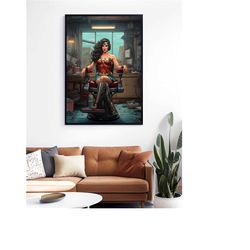 wonder woman at the barbershop wall art print, wonder woman poster, gift for barber, barbershop art poster, wonder woman
