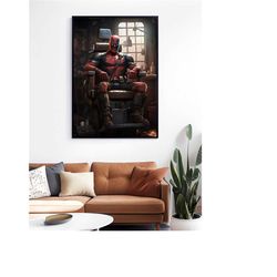 deadpool at the barbershop wall art print, gift for barber, barbershop art poster, barbershop decor