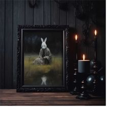 rabbit head near the lake, gothic wall art poster, horror wall art print, creepy poster, halloween decoration, horror ar