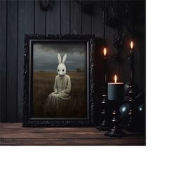 rabbit head woman gothic print, gothic wall art, horror art print, dark academia art print, halloween poster