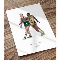 larry bird magic johnson art illustrated print poster, bird vs johnson, celtics vs lakers poster, boston celtics lakers