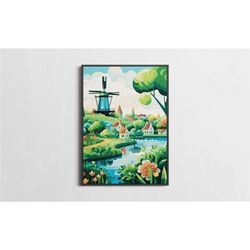 countryside windmill wall art, netherlands poster for cottagecore