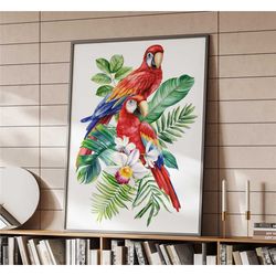 hand-drawn red macaw & orchid watercolor poster |