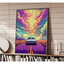 fantasy car poster, modern artistic road and sky