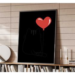 cute cat with balloon line art poster |