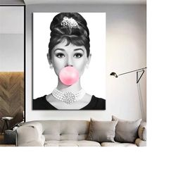 blowing bubble gum canvas print - lady bubble gum art - audrey hepburn bubble gum wall decor - gift canvas art - canvas