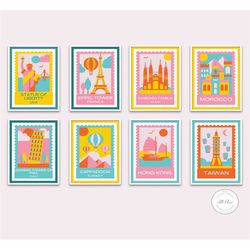 set of 8 preppy travel posters printable, preppy