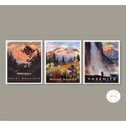 set of 3 national park posters digital, vintage