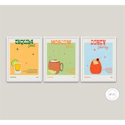 colorful cocktail prints with recipes set of 3