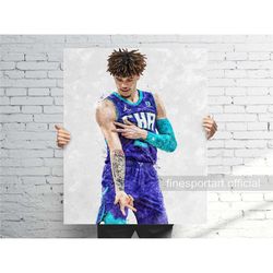lamelo ball charlotte poster, canvas wrap, basketball framed