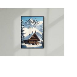 austrian alps travel poster, austria travel print, alpine chalet, alpine forest, cabin in the woods, mountain cabin, sno