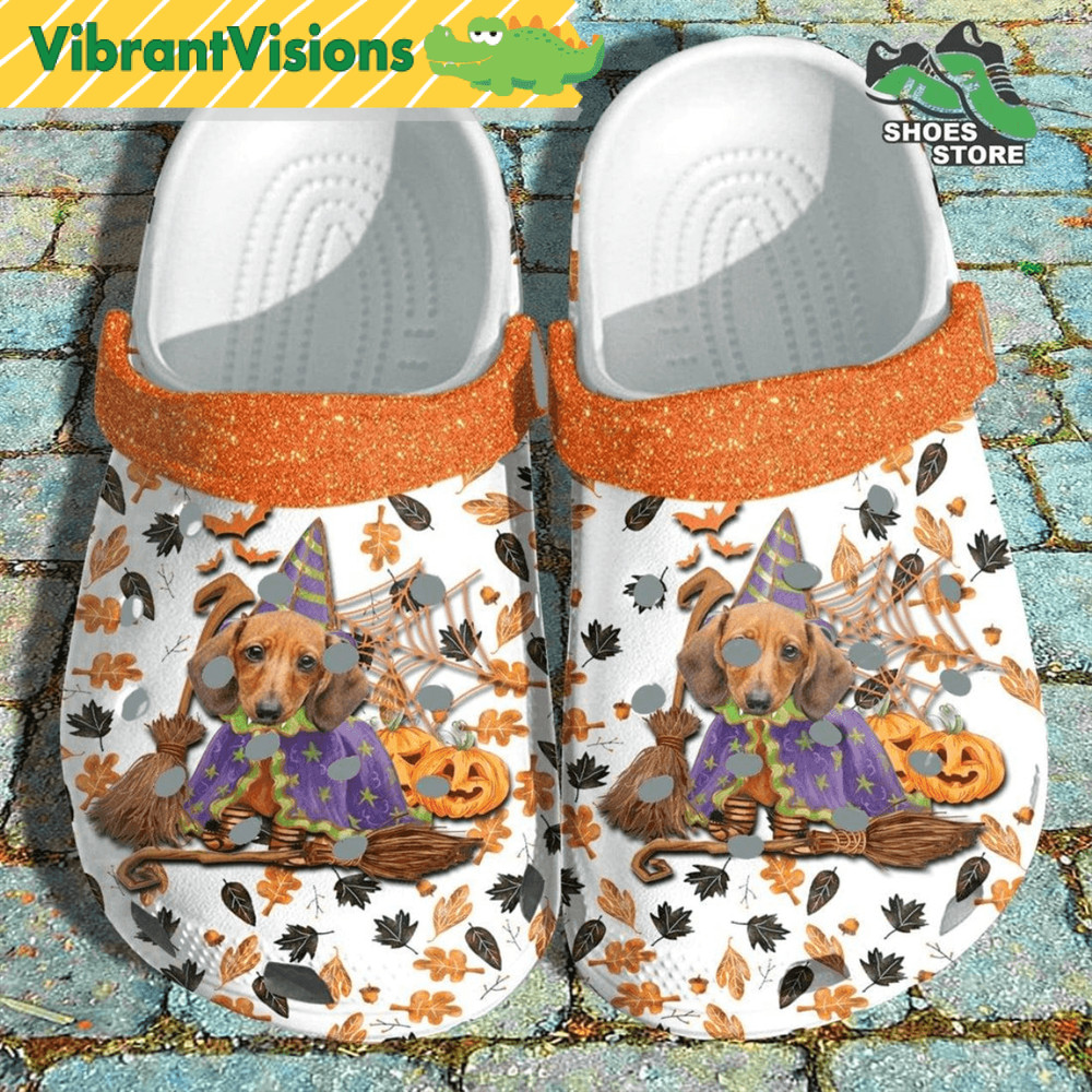 Halloween Dachshund Dog Witch Pumpkin Crocs Shoes Funny Beagle Witch Halloween Crocs Shoes 0