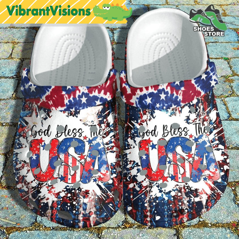 God Bless The USA America Flag Shoes Crocs Hippie Tie Dye US Proud Twinkle Star 4th Of July Shoes 0