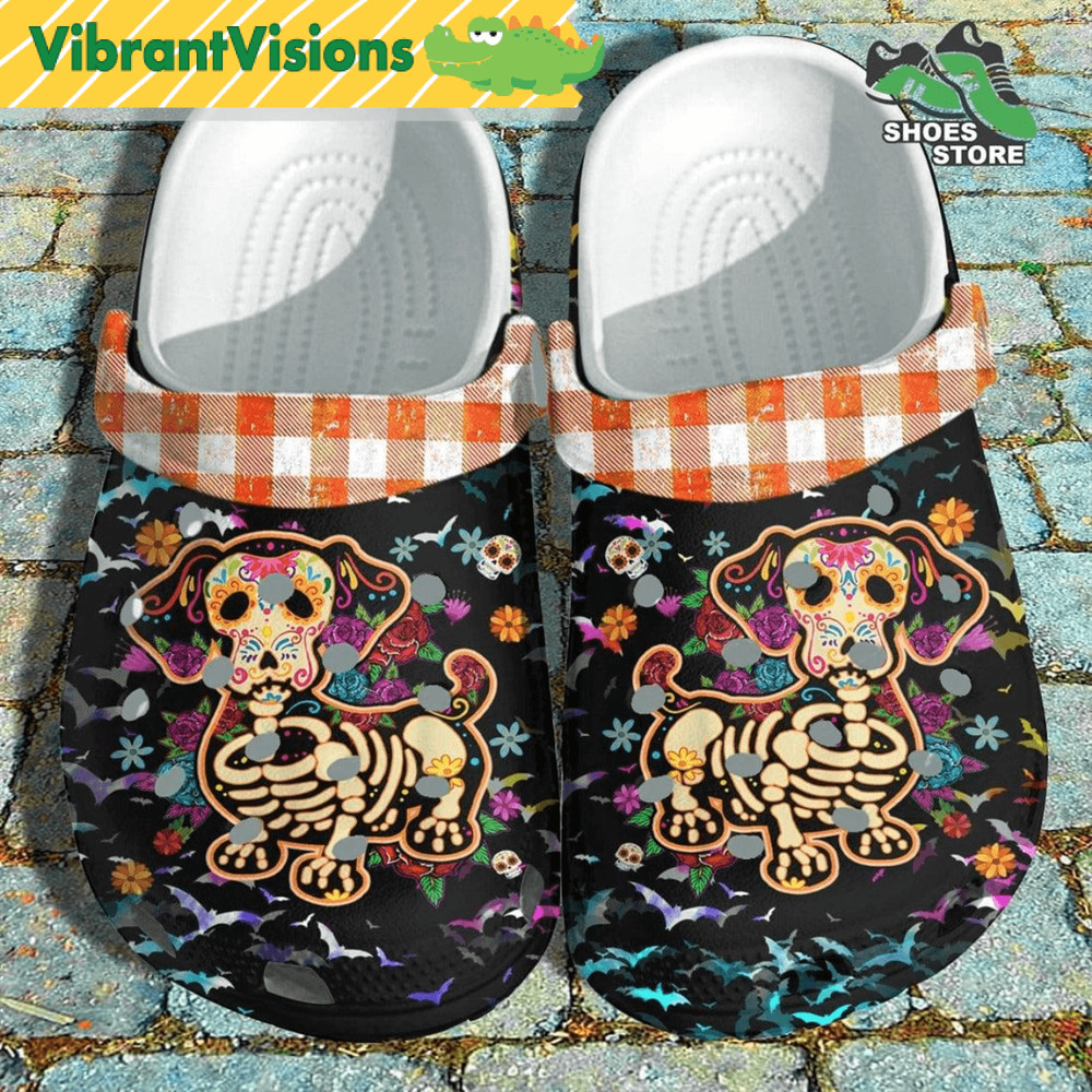 Funny Dachshund Dog Skeleton Sugar Skull Halloween Dog Crocs Shoes Hippie Moon Crocs Shoes 0