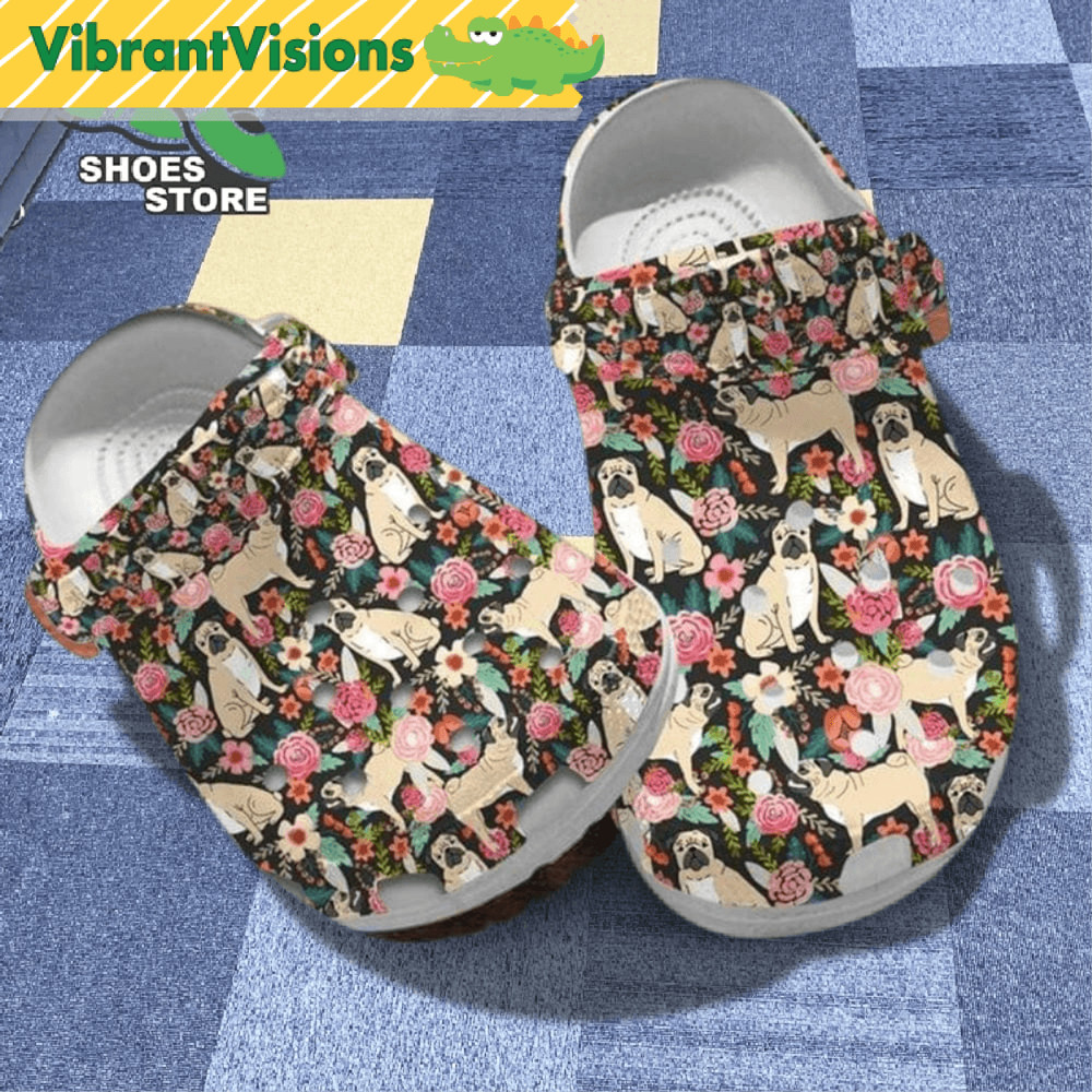 Floral Pug Slippers Flowers Pug Dog Pattern Printed Dog Mom Gift Crocs Shoes 0