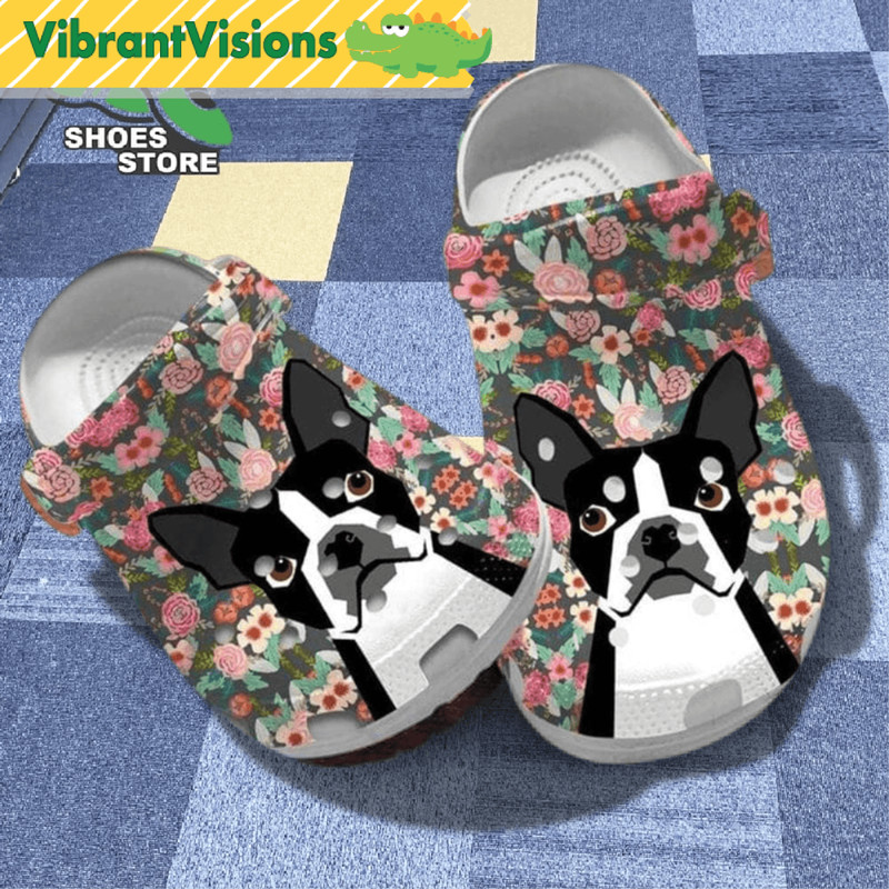 Floral Boston Terriers Dog Slippers Flowers Boston Dog Mom Gift Crocs Shoes 0