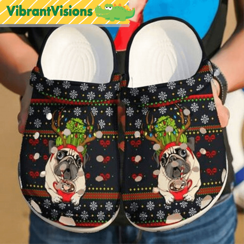 Funny Pug Reindeer Santa Dog Crocs 0