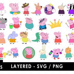peppa pig svg files, peppa pig png files, vector png images, svg cut file for cricut, clipart bundle pack