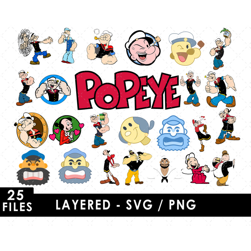 Popeye Svg Files, Popeye Png Files, Vector Png Images, SVG Cut File for Cricut, Clipart Bundle Pack