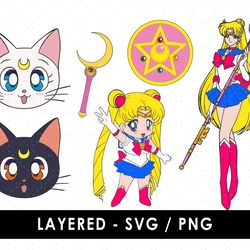 sailor moon svg files, sailor moon png files, vector png images, svg cut file for cricut, clipart bundle pack