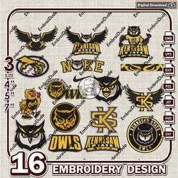 16 Kennesaw State Owls Bundle Embroidery Files, NCAA Team Logo Embroidery Design, NCAA Bundle EMb Design