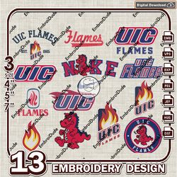 13 UIC Flames Bundle Embroidery Files, NCAA UIC Flames Team Logo Embroidery Design, NCAA Bundle EMb Design