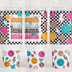 mama 40oz quencher tumbler wrap retro groovy smiley checkered png funny mom seamless sublimation tumbler